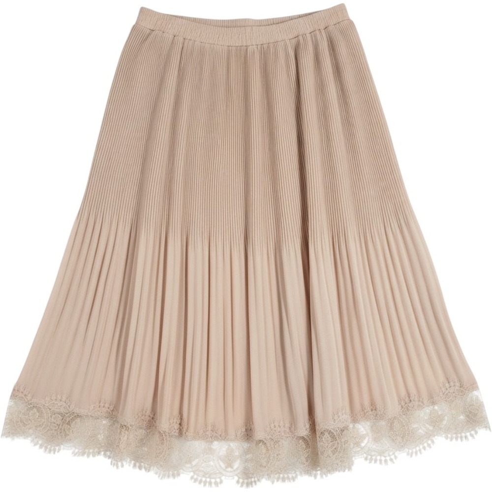 Blush Pink Pleated Midi Skirt Lace Trim Accordion Lined M